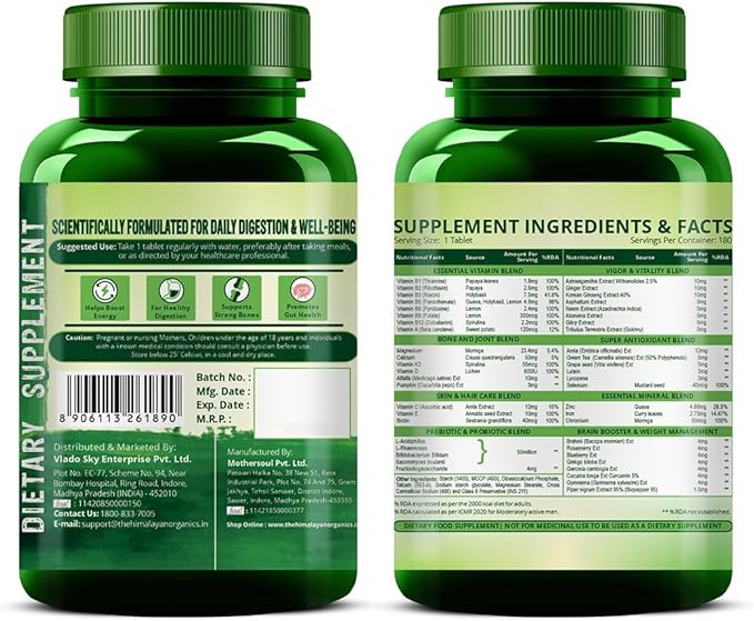 Himalayan Organics Organics Multivitamin with Probiotics - 45 Ingredients for Men and Women with Vitamin C D E B3 B12 Zinc Giloy and Biotin (180 Tablets)