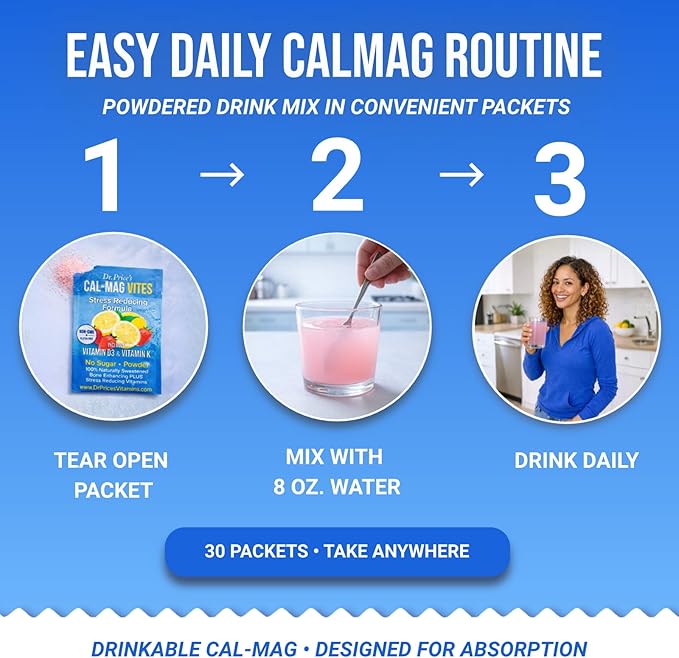 Dr. Price’s Cal-Mag Vites – Strawberry Lemon 30 Packs | Calcium Magnesium Powder Packets + Vitamin D3 K &amp Boron | Calming Bone &amp Muscle Support for Kids &amp Adults | Doctor-Formulated
