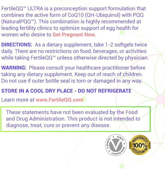 FertileQQ ULTRA Ubiquinol (QH) plus PQQ to BOOST Mama's 2B Natural Reproductive Support #1 Formula for Support of Mitochondria Egg Cell Health - Doctor Recommended Fertility Formula.