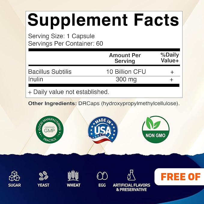 Vitamatic Bacillus Subtilis 10 Billion per DR Capsule - 60 Count - Digestive Gut &amp Immune Health Support - Made with Prebiotic Inulin Fiber-2 Pack