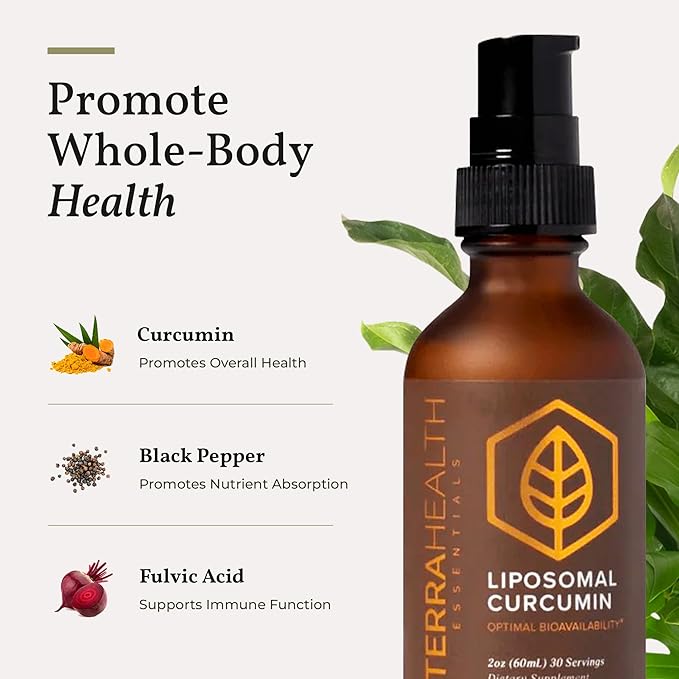 Terra Health Essentials Liposomal Curcumin Drops - Joint Support Supplement with Turmeric and Black Pepper - 5X Higher Absorption and Great Tasting - 30 Servings - Vegan and All Natural