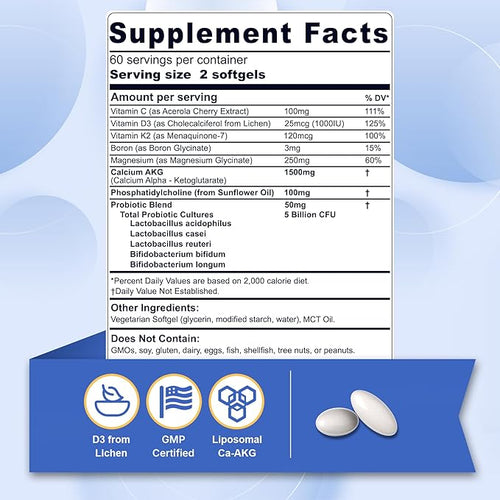 2 Pack Liposomal Calcium AKG Supplement 1500mg with Vitamin D3 &amp K2 for Women &amp Men Calcium Supplement with Magnesium Glycinate Boron Probiotics &amp Vitamin C for Bone Strength &amp Ener