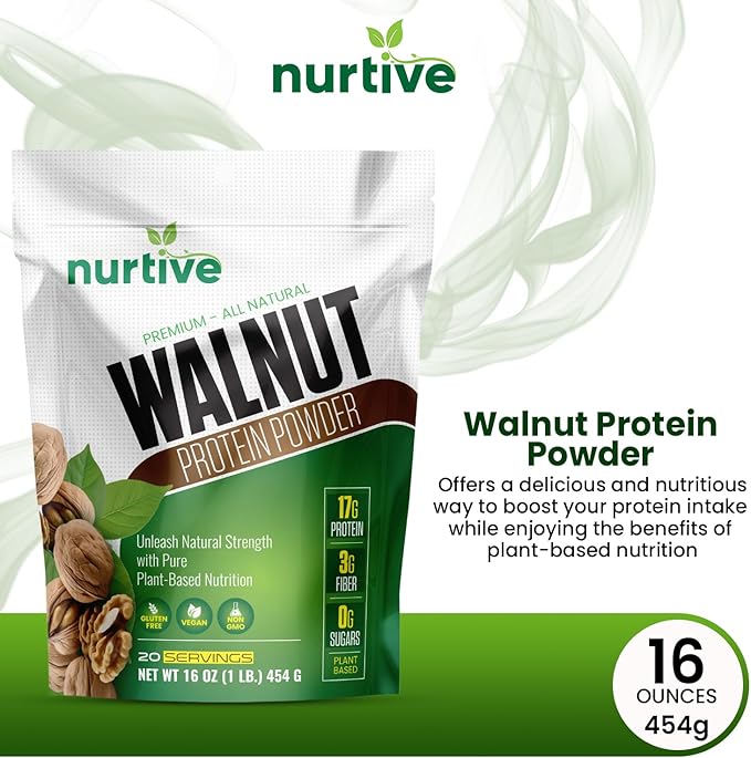Walnut Protein Powder - Rich in Omega-3 &amp Plant-Based Protein - Antioxidant Boost - Ideal for Smoothies &amp Baking - Gluten Free Vegan Non GMO - 20 Servings (16 oz / 454 g)