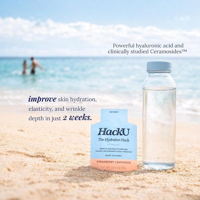 HackU Sugar-Free Electrolyte Packets for Body and Skin Hydration Support | Strawberry Lemonade | 25ct | Drink Mix