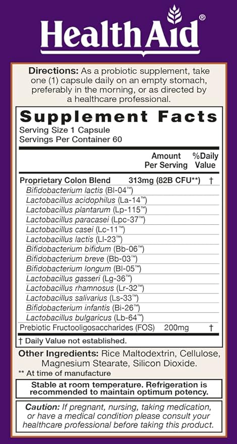 HealthAid ColonProbio 82 Billion with Prebiotic 14 Strains Once Daily 60ct Optimum Colon Care Acid &amp Bile Resistant Dairy Free Gluten Free Non-GMO High Bifido