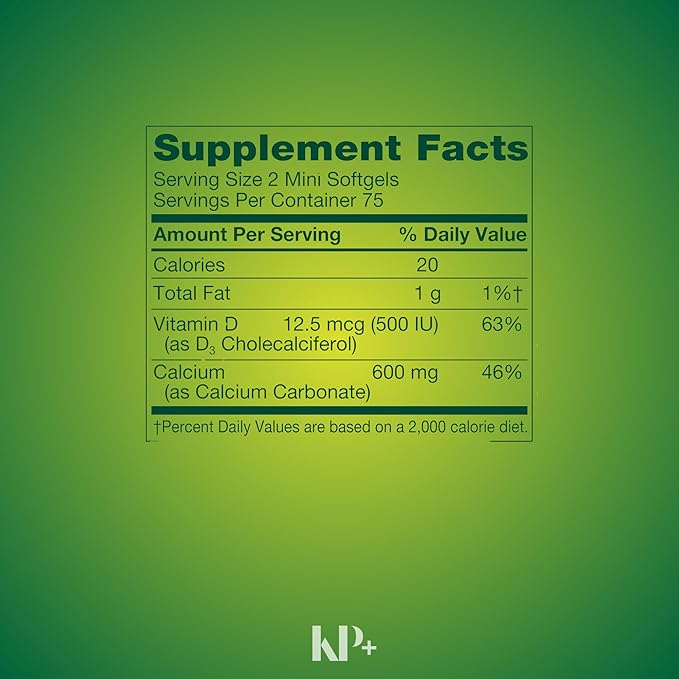 KP+ Calcium Mini 600 mg Plus Vitamin D3 12.5 mcg (500 IU) | Bone &amp Teeth Health Support | Dietary Supplement | 150 Mini Softgels | Pack of 2