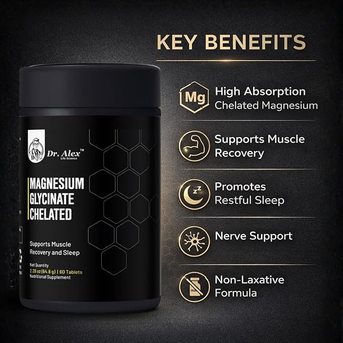 Dr. Alex Magnesium Glycinate Chelated 2000mg - High Absorption Magnesium Supplement for Sleep Muscle Recovery &amp Nerve Support | Pure Magnesium Glycinate Tablets for Women &amp Men | 60 Count