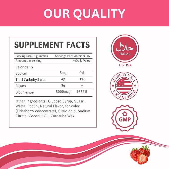 Greenfield Nutritions - Halal Biotin Gummies Vitamin for Hair Skin and Nails Supports Fat Metabolism Hair Growth Strong Nails &amp Clear Skin Gelatin Free Non-GMO and Gluten Free - 90 Gummies