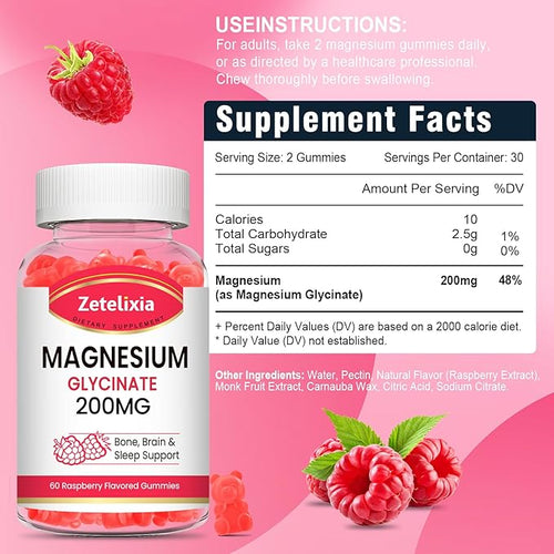 200MG Magnesium Glycinate Gummies High Absorption Magnesium Glycinate Supplements for Relaxation Raspberry Flavor 2 Pack 120 Count
