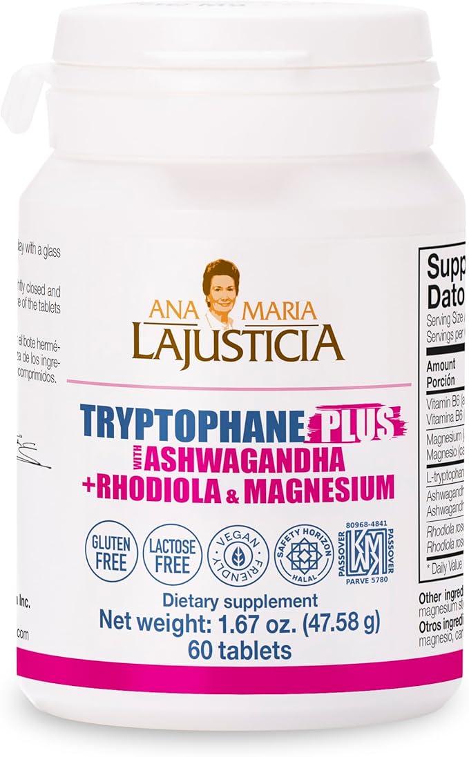 Ana María Lajusticia TRYPTOPHANE Plus ASHWAGANDHA Supplement + RHODIOLA &amp Magnesium 60 TABS Vegan Gluten Free Kosher Halal Lactose Free 600 mg Support Strees Relief Energy and Sleep.
