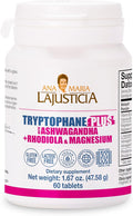 Ana María Lajusticia TRYPTOPHANE Plus ASHWAGANDHA Supplement + RHODIOLA &amp Magnesium 60 TABS Vegan Gluten Free Kosher Halal Lactose Free 600 mg Support Strees Relief Energy and Sleep.