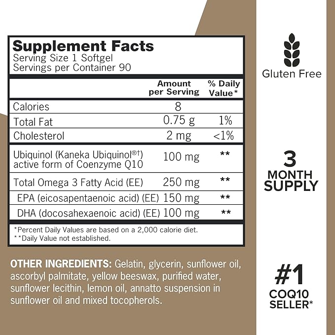 Qunol Plus Ubiquinol CoQ10 100mg with Omega 3 Fish Oil 250mgExtra Strength Antioxidant Supplement90 Count (Pack of 2)