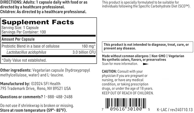Klaire Labs SFI Health L. Acidophilus - 3 Billion CFU Lactobacillus Probiotic Pure SCD Compliant Formula for Men &amp Women Hypoallergenic &amp Non-Dairy (100 Capsules)