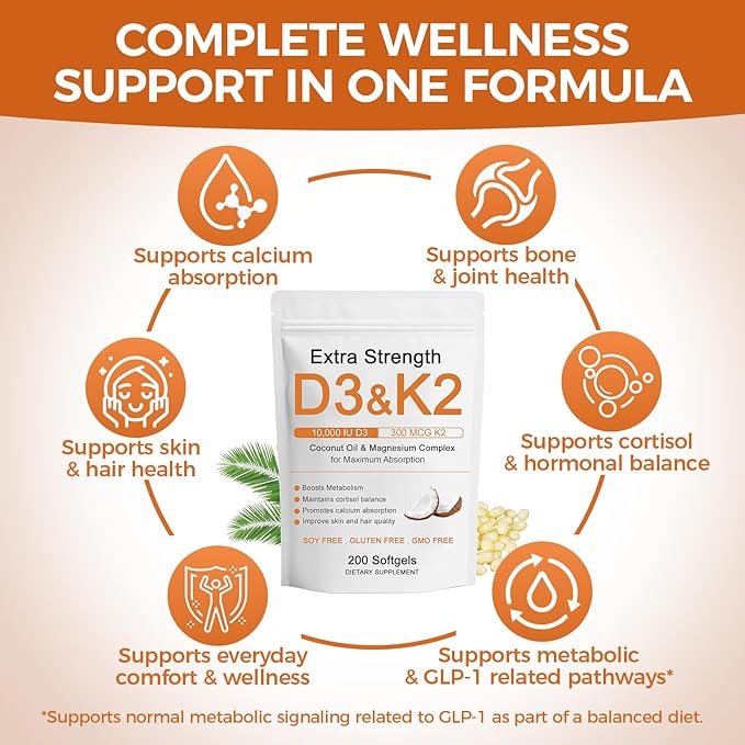 Vitamin D3 K2 Magnesium Complex Extra Strength Wellness D3K2 with Triple Magnesium &amp Coconut Oil for Maximum Absorption Support Bone &amp Immune Health Non-GMOEasy to Swallow 200 Softgels