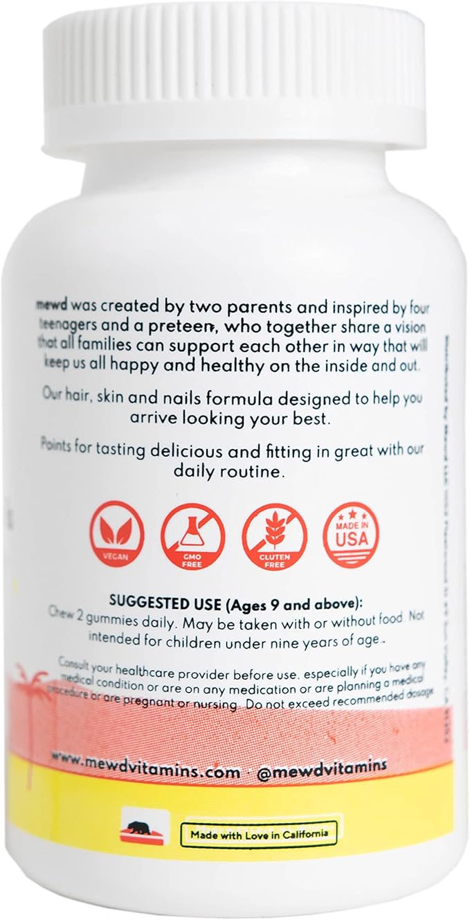 MEWD Teen and Kids Hair Skin+Nails Daily Multivitamin Gummy Strengthener Formula - Chewable Vitamin Supplements with BiotinZincVitamins A B &amp D3 for Girls &amp Boys 60 Made in USA