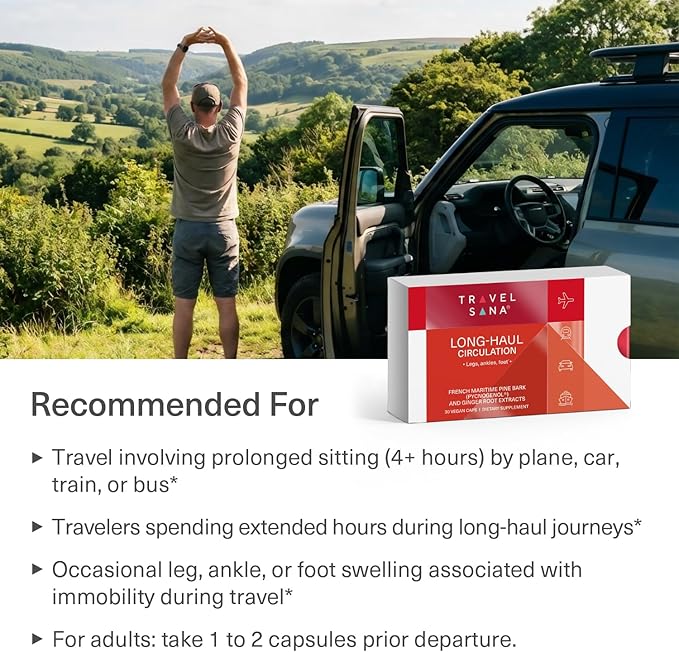 Pycnogenol 100mg &amp Ginger Extract | Supports Healthy Circulation Vein Health &amp Leg Comfort | Helps with Occasional Swelling in Legs &amp Feet | Long-Haul Travel Essentials | 30 Vegan Caps