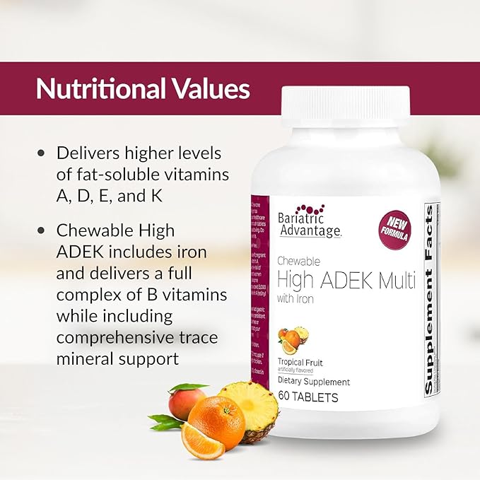 Bariatric Advantage Chewable High ADEK with Iron - for Bariatric Patients - High Potency Vitamin A D E &amp K - Includes B-Vitamins - Chewable Multivitamins - Tropical Fruit - 60 Count