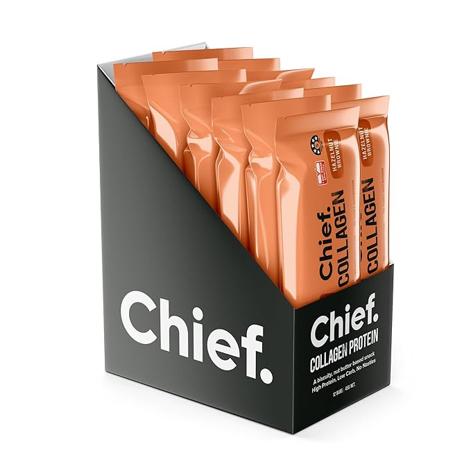 Chief Collagen Protein Bar Hazelnut Brownie 100% Natural Ingredients Keto &amp Paleo Friendly Snack Gluten Free &amp Low Sugar 12 Pack
