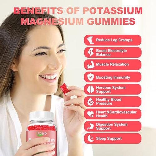2 Pack Potassium Magnesium Gummies for Adult Kids High Absorption Leg Cramps &amp Muscle &amp Heart Health Immune Health Raspberry Magnesium Gummies Chewable Gummy Supplement Vegan Non-GMO