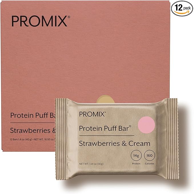 ProMix Nutrition Whey Protein Isolate Puff Bar Low Carb Healthy Snack with Egg Whites - Grass FedGluten Free Low Sugar Soy Free (Strawberries &amp Cream) - 12 Bars