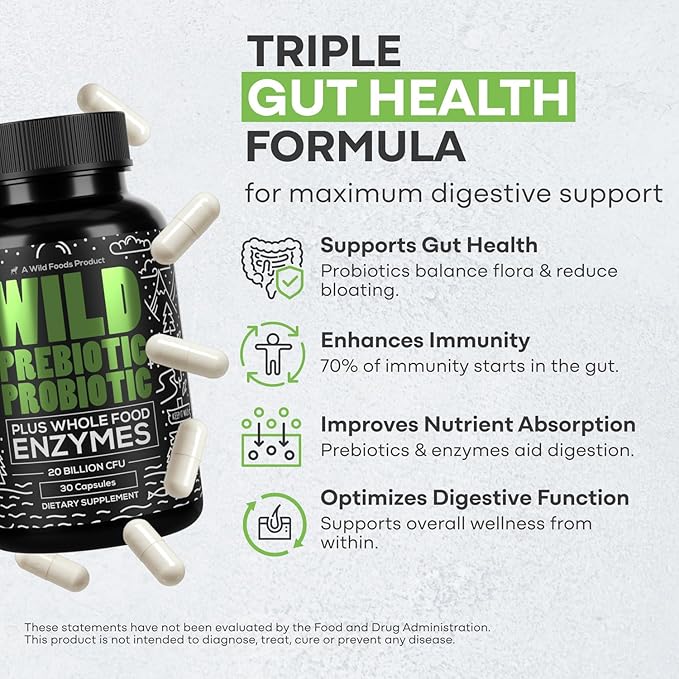 Wild Prebiotics and Probiotics with Digestive Enzymes | 20 Billion CFU - 10 Strains for Women &amp Men | Support Gut Health &amp Digestion Supplements | Non-GMO Prebiotic Fiber | 30 Capsules