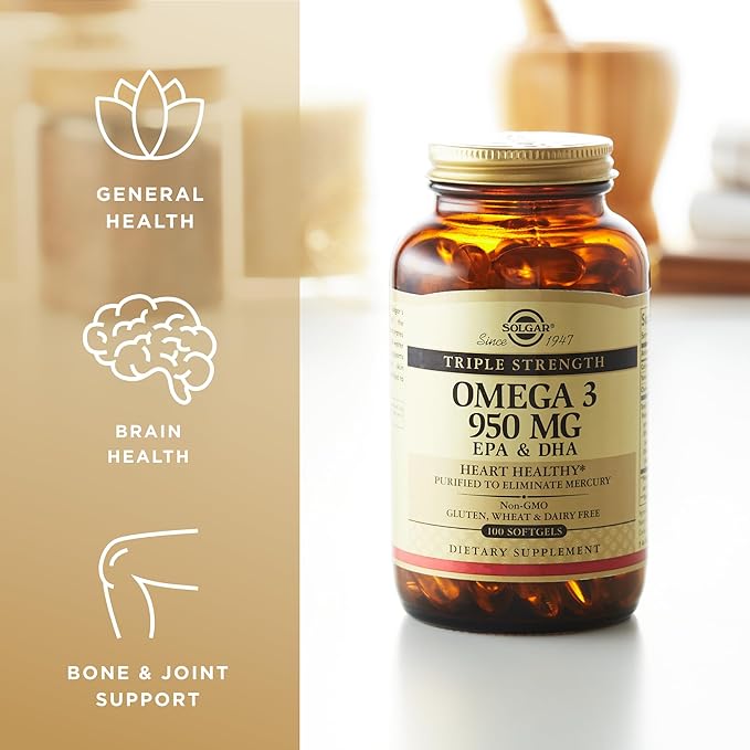Solgar Triple Strength Omega 3 950 mg - 100 Softgels Pack of 2 - Supports Joint &amp Skin Health - Non-GMO Gluten Free Dairy Free - 200 Total Servings