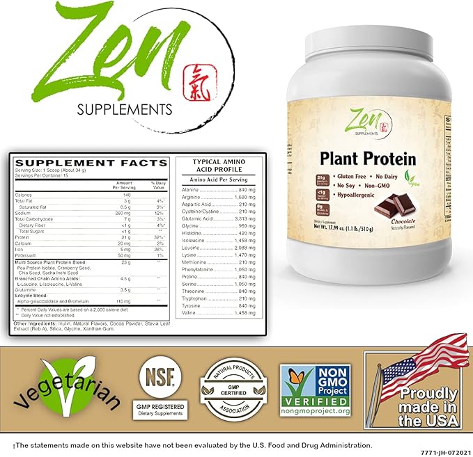 Zen Supplements - Plant Protein-Chocolate 510G 1.1LB -Powder - 23 Grams of Protein Per Serving -Vegan Low Net Carbs Non Dairy Gluten Free Lactose Free No Sugar Added Soy Free Kosher Non-GMO