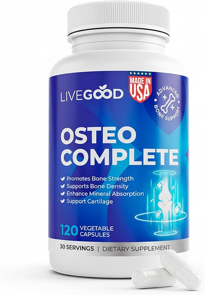 LiveGood Osteo Complete Bone and Joint Support with Highly Absorbable Calcium Glucosamine Eggshell Membrane Boron and Silica for Bone Density Flexibility and Mobility (90 Capsules)