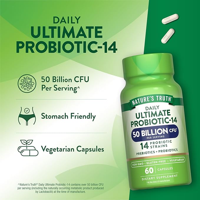 Nature's Truth Probiotic for Women and Men | 50 Billion CFU | 14 Probiotic Strains | 60 Capsules | Stomach Friendly | 200mg Prebiotics | Vegetarian Non-GMO &amp Gluten Free Supplement