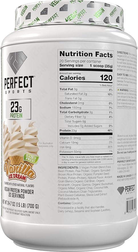 PERFECT SPORTS Vegan Diesel 100% Plant Based Protein | Whole Food Blend | No Artificial Sweeteners Lactose Free Keto | 23g Protein | 1.5 Pounds (Vanilla Ice Dream)