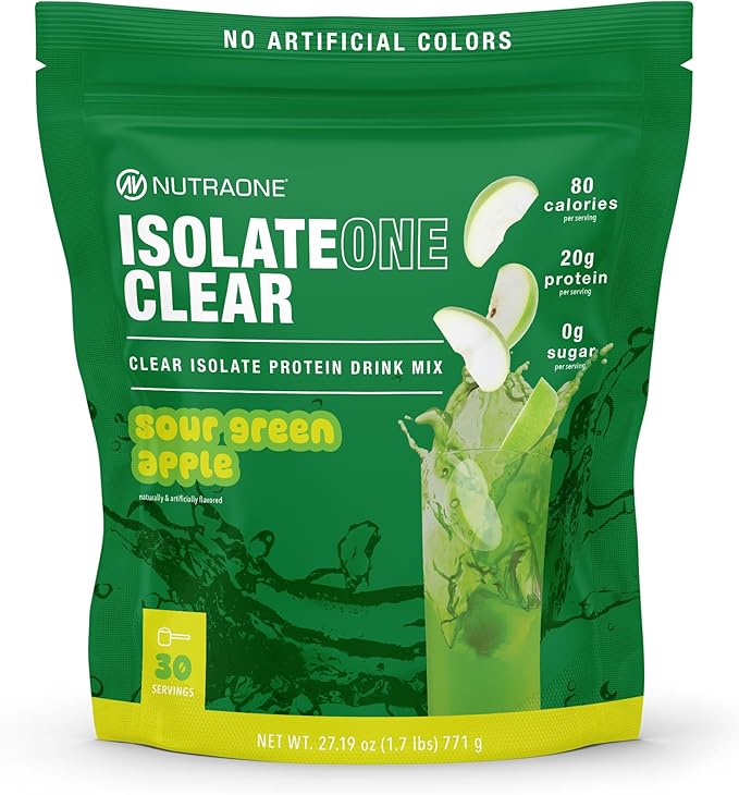 NutraOne Clear Whey Protein Powder Drink Mix Naturally &amp Artificially Flavored Clear Protein Drink 20g of Protein Zero Sugar (Sour Green Apple - 30 Servings)