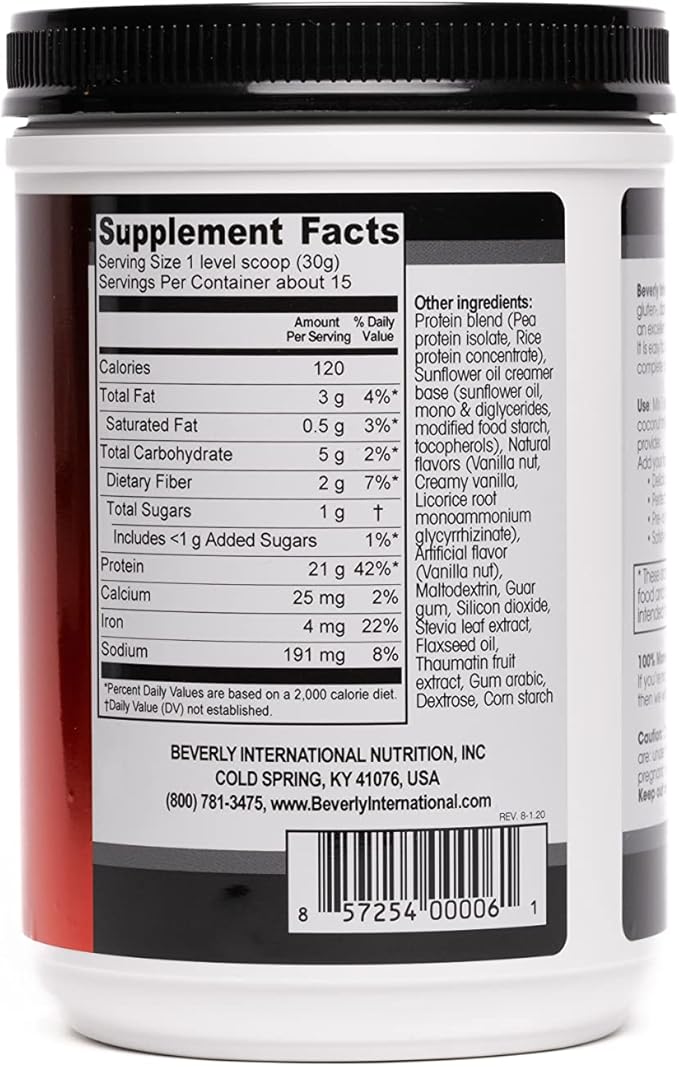 Beverly International PBP Plant Based Protein. Vegan Gluten Dairy Soy-Free. Great Vanilla Taste Smooth Easy to Digest 21g Protein per Serving (15 Servings) 1lb. Complete Amino Acid Profile.