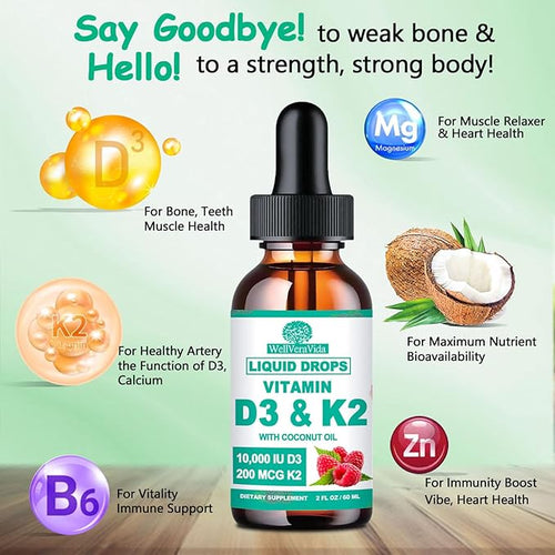 2 Pack D3 K2 Vitamin 10000iu Liquid Drop Vitamin D3 With K2 (MK-7)200mcg Coconut Oil 6X Stronger Than D3 K2 Sofegels Magnesium Zinc for Absorption -K2 D3 Supplement for Joint Teeth &amp Bone Healt