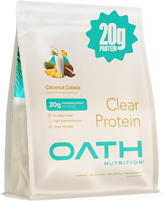 Oath Nutrition Clear Whey Isolate Protein Powder Coconut Colada 20g Complete Protein per Serving No Added Sugar Grass-Fed 21 Servings