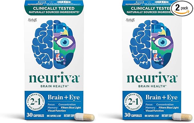 NEURIVA Brain + Eye Supplement for Memory Focus &amp Concentration with Lutein &amp Vitamins A C E and Zinc for Eye Health &amp Zeaxanthin to Filter Blue Light 30ct Capsules (Pack of 2)
