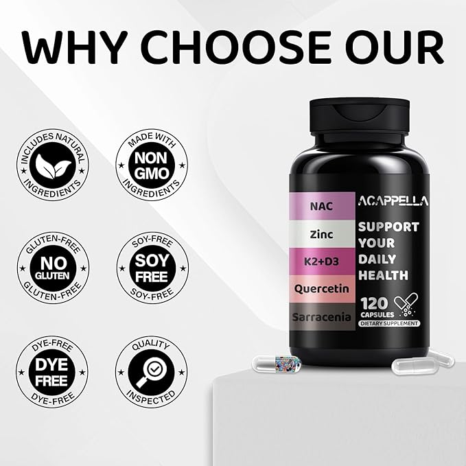 ACAPPELLA Vitamin D3 K2 Capsule Quercetin NAC N-Acetyl Cysteine Sarracenia Supplement Zinc Supplements 120 Count