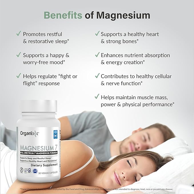 Organixx Magnesium Supplement Natural Magnesium Capsules for Sleep Support Muscle Recovery with Vitamin B6 and Manganese Citrate and Glycinate High Absorption Vegan Non GMO (30 Count)