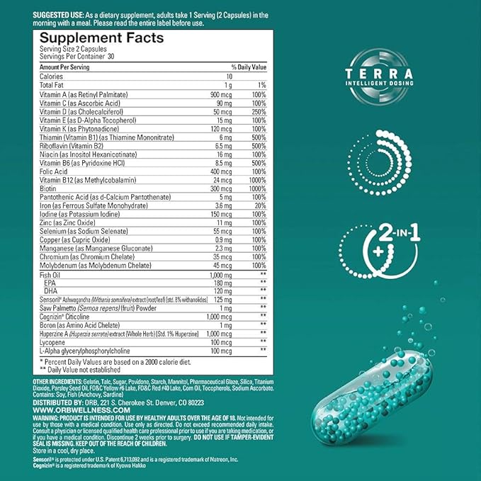 ORB Men’S MULTIVITAMIN + Fish Oil – A Complete Multi + Fish Oil |Heart Health Support Antioxidant Support Supports a Positive Mood 21 Essential Vitamins – (120 Count)