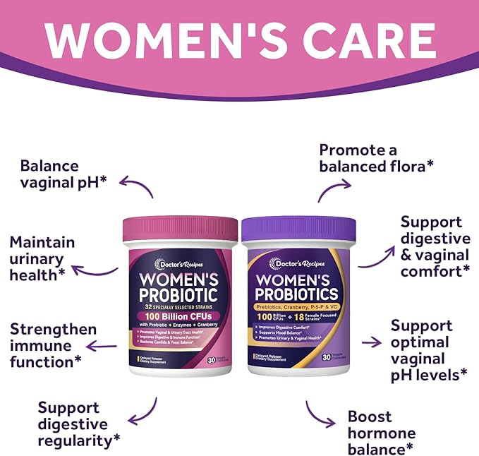 Doctor's Recipes Women’s Probiotics 100 Billion CFU Bundle Vitamin B6 P5P Cranberry Digestion Vaginal Mood Immune Shelf Stable Delayed Release
