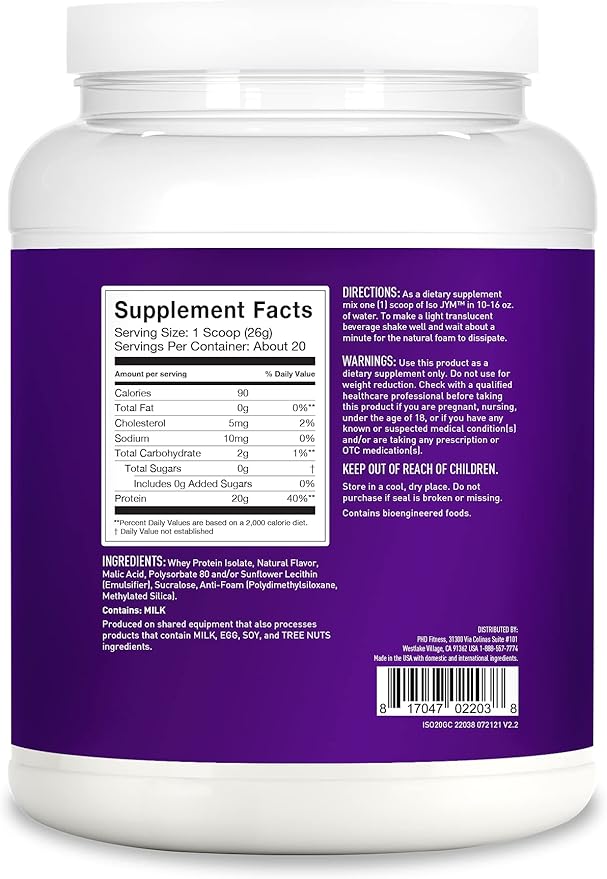 JYM Supplement Science Iso JYM Grape 90 Calories 100% Whey Protein Isolate Zero Fat Zero Sugars Mixes Clear for Women &amp Men 20 Servings