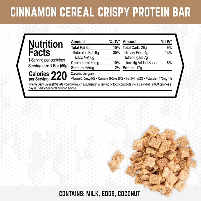 Battle Bars Crispy Protein Bar 17g Protein per serving - Gluten Free No Artificial Flavors or Colors - Veteran Founded - Cinnamon Cereal (60g) 12 Count