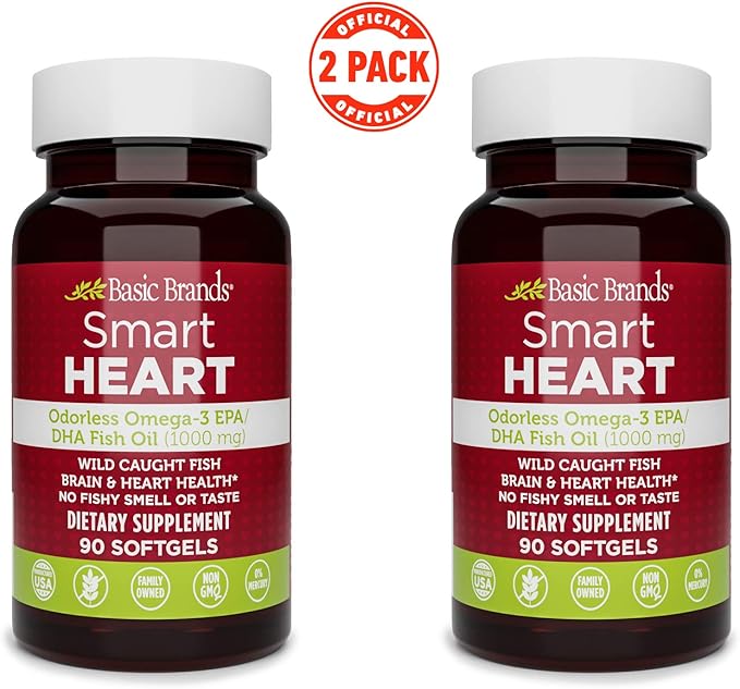 Basic Brands Smart Heart Odorless Omega-3 Fish Oil 1000mg - Triple Strength EPA &amp DHA Non-GMO Heart &amp Cognitive Support - 90 Burpless Softgels - 2-Pack