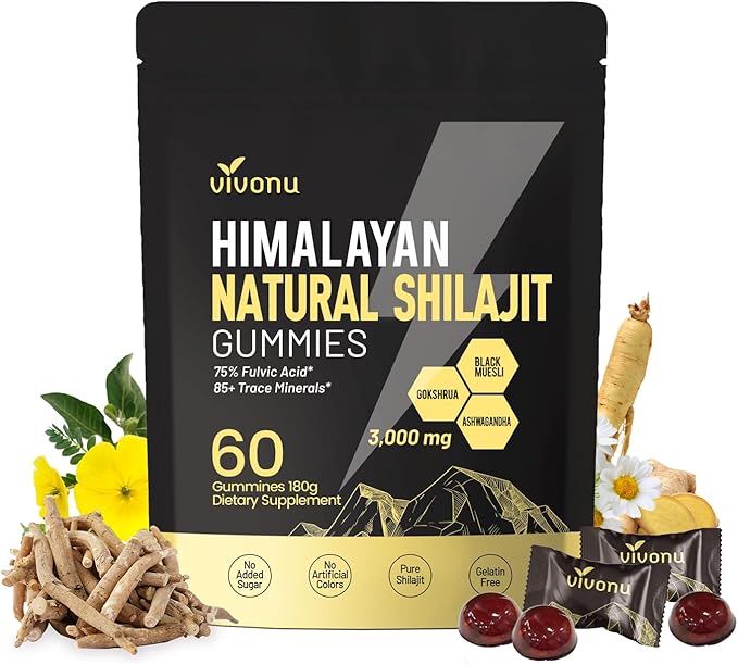 Himalayan Shilajit Gummies with Ashwagandha &amp Gokshura | 85+ &amp Fulvic Acid | Organic Non-GMO for Men &amp Women | 100% Pure &amp Natural