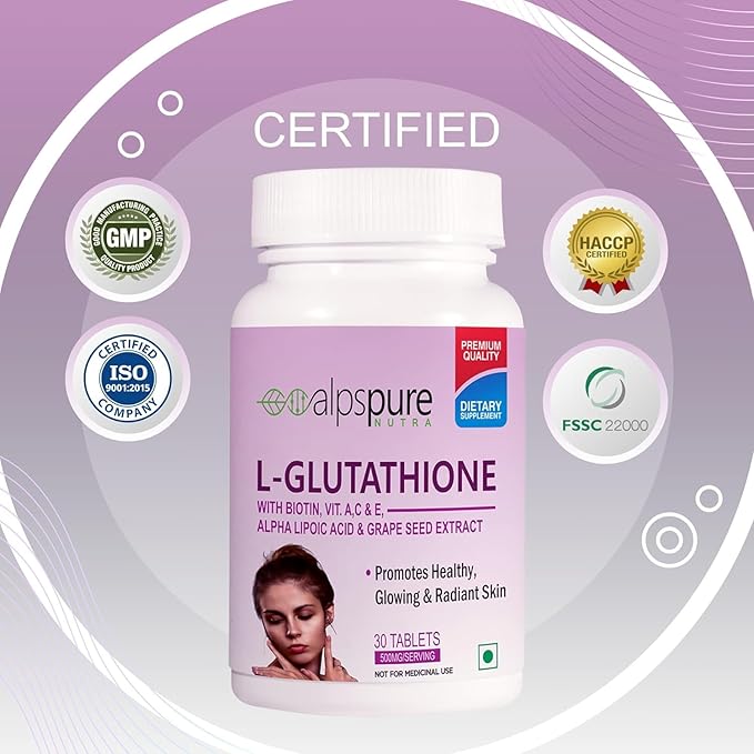 Generic L-Glutathione Tablets with Biotin Vitamin A.C E Alpha Lipoic Acid &amp Grape Seed Extract (30 Tablets) for Healthy and Youthful Glowing Skin for Men and Women Pack of-1