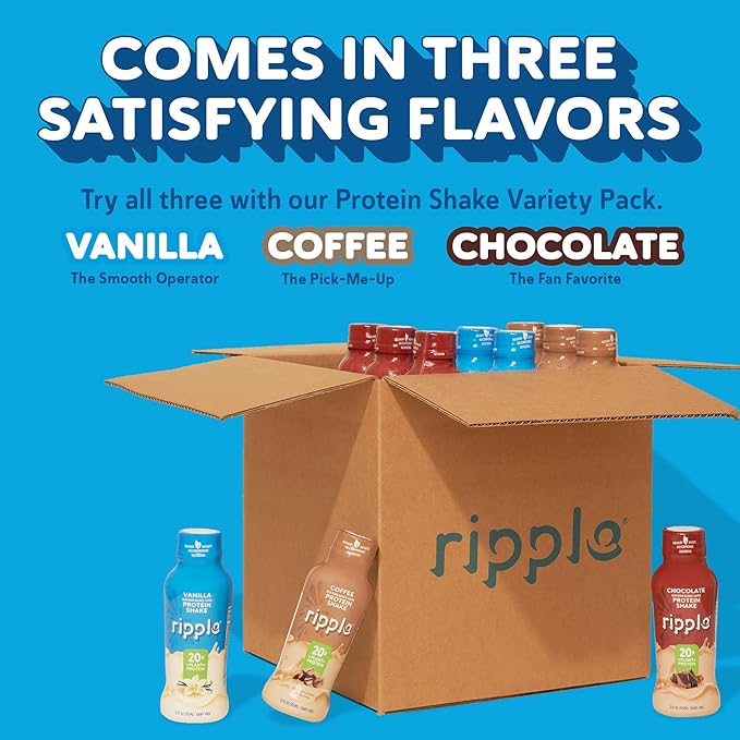 Ripple Plant Based Protein Shake Variety Pack | 20g of Quality Sourced Pea Protein Calcium Rich | Shelf Stable | Vegan &amp Non GMO | Dairy Soy Nut &amp Gluten Free | 12 Fl Oz Bottles (Pack of 1