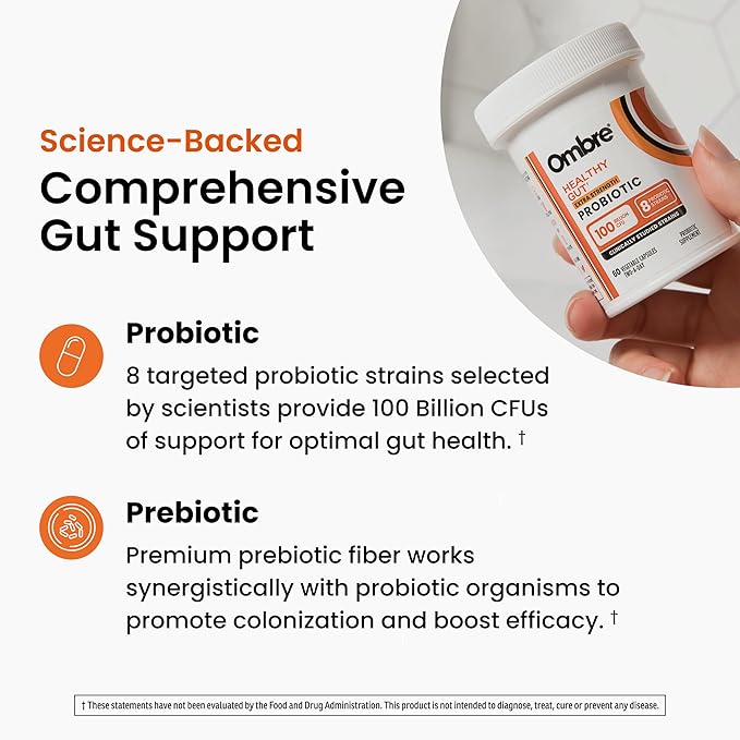 Ombre Healthy Gut Probiotics for Digestive Health 100 Billion CFU - Prebiotics and Probiotics for Women &amp Men with Lactobacillus Acidophilus &amp Digestive Enzymes Gut Health Support Vegan 30