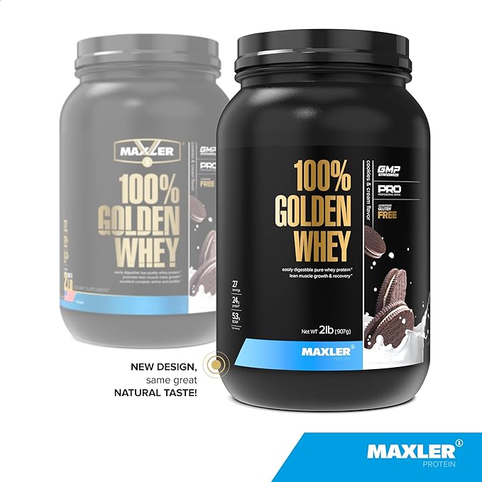 Maxler 100% Golden Whey Protein - 24g of Protein per Serving - Whey Protein Powder for Pre Post Workout - Fast-Absorbing Whey Concentrate Isolate &amp Hydrolysate Blend - Cookies &amp Cream 2 lb