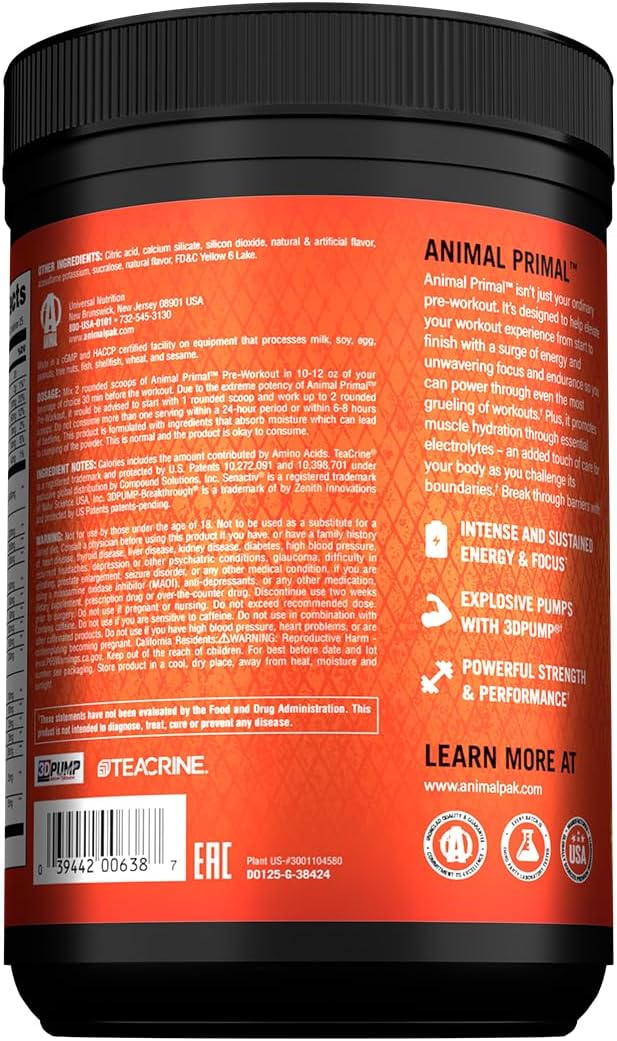 Animal Primal Muscle Hydration + Preworkout Powder – Contains Beta Alanine 3DPump Caffeine &amp Electrolytes – Improves Energy Focus Endurance &amp Absorption – New Wick’d Peach Flavor 16.75 oz