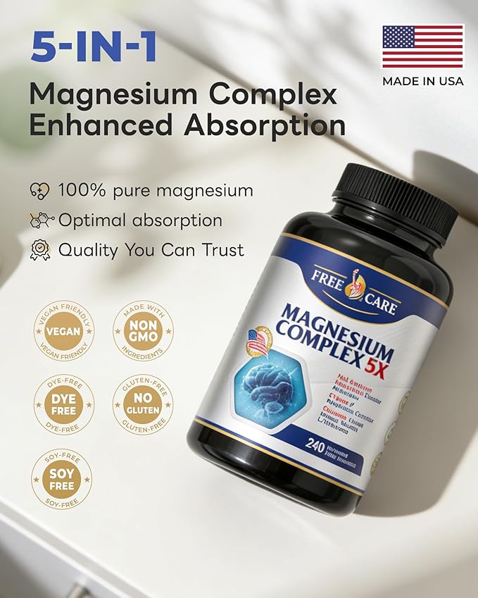 Five-Form Magnesium Complex 820mg High Absorption with GlycinateCitrate MalateTaurate &amp L-Threonate for Sleep Mood Muscle Relaxation &amp Nerve Function – Vegan Non-GMO Made in USA – 240 C