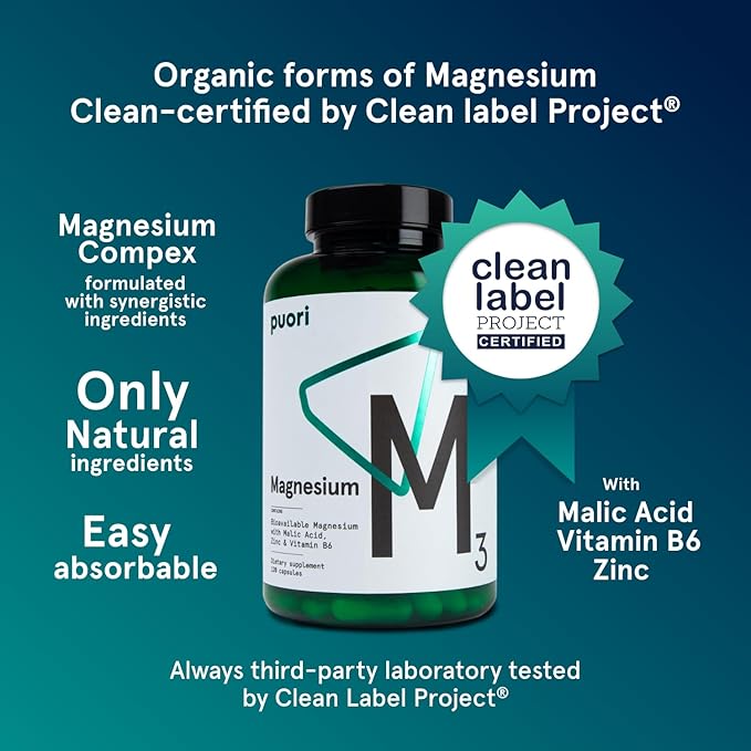 Puori Magnesium Complex Supplement - High Absorption Magnesium Taurinate &amp Gluconate Zinc Vitamin B6 &amp Malic Acid for Sleep Support Immune &amp Bone Health &amp Muscle Recovery - 240 Vega